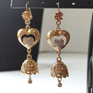 Heart with Crystals Dangle Drop Earrings Gold Filled